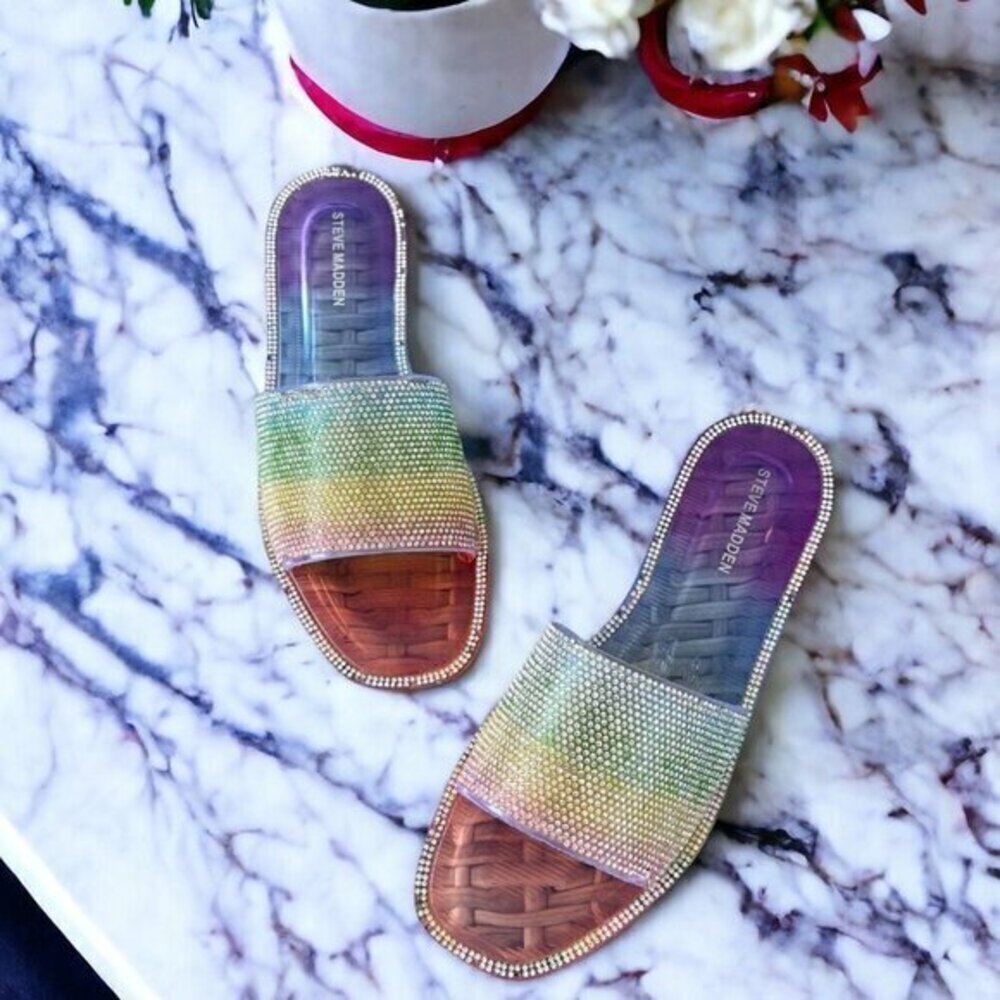 Steve Madden Joyous Rainbow Silver Rhinestone Slide Sandals Size 8